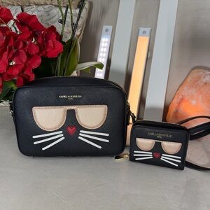 Karl Lagerfeld Black Cat Crossbody Bag Set Bundle Paris Purse maybelle wallet